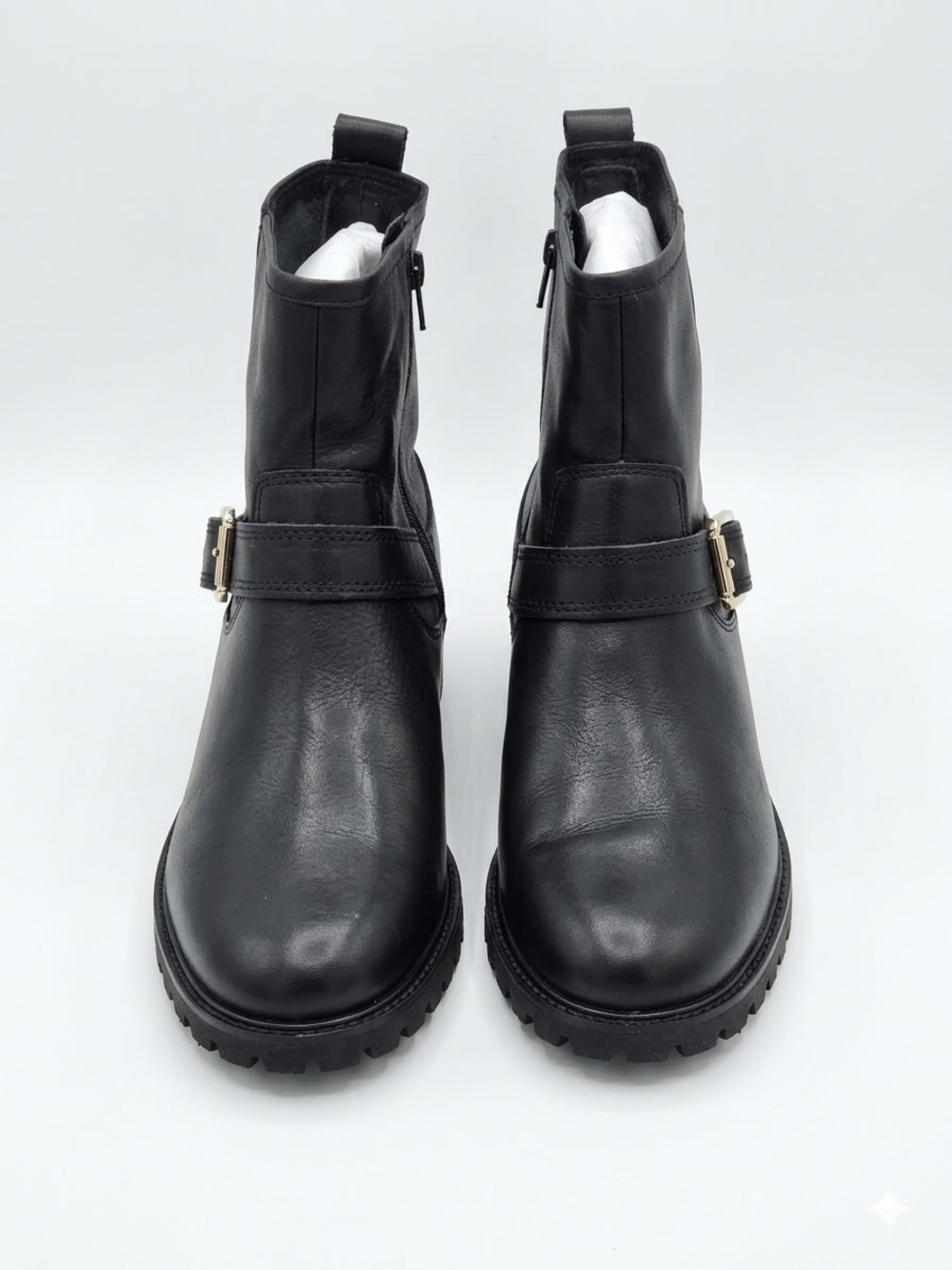 Lucky Brand Black Leather Lug Sole Ankle Boots with Buckle